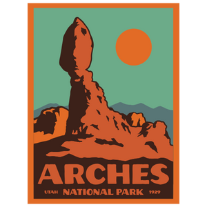 Simply Moab Balanced Rock Sticker, a rectangular sticker with Balanced Rock in red against a teal sky, Arches National Park Utah 1929