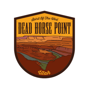 Simply Moab Dead Horse Point Sticker, a shield shaped sticker with the Colorado River gooseneck canyon view, Spirit of the West, Utah
