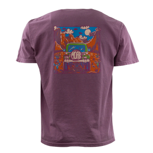 Simply Moab Jeep Howell Adult T-Shirt in Berry, back view with a comic style jeep on a red rock trail graphic