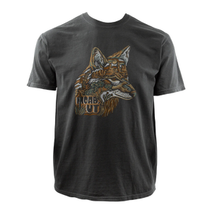 Simply Moab Ray Wolf Adult T-Shirt in Pepper, a washed black tee with an illustrated coyote head filled with a Moab desert scene
