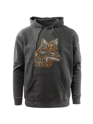 Simply Moab Ray Wolf Hoodie in Pigment Black, a washed black pullover hoodie with an illustrated coyote head Moab graphic
