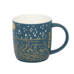 Smith-Western Arches Etched Siren Mug, back view showing the etched desert landscape and Moab lettering