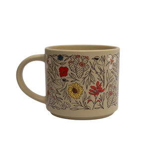 Smith-Western Blossoms Stacker Mug, a cream stoneware mug with a wildflower and bird print, front view