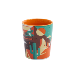 Smith-Western Prismatic Moab Ceramic Shot Glass, back view with a colorful geometric desert design