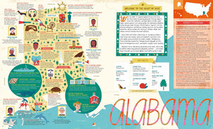 The 50 States book open to the Alabama illustrated map page