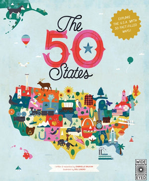 The 50 States book by Quarto, front cover with an illustrated map of the United States full of landmarks