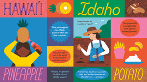 The 50 States in 50 Words book open to the Hawaii and Idaho pages
