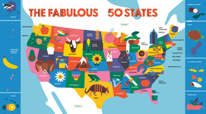 The 50 States in 50 Words book open to the Fabulous 50 States illustrated map page
