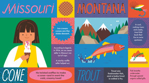 The 50 States in 50 Words book open to the Missouri and Montana pages