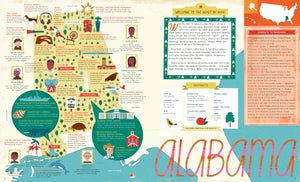 The 50 States softcover book open to the Alabama illustrated map page