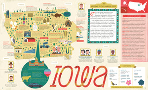 The 50 States softcover book open to the Iowa illustrated map page