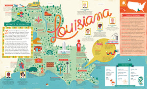 The 50 States softcover book open to the Louisiana illustrated map page
