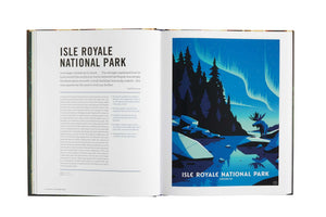 The Art of the National Parks book open to the Isle Royale National Park poster page