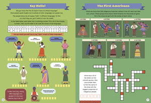 We Are The United States Activity Book open to the Say Hello and First Americans puzzle pages