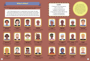 We Are The United States Activity Book open to the Who's Who famous Americans puzzle page